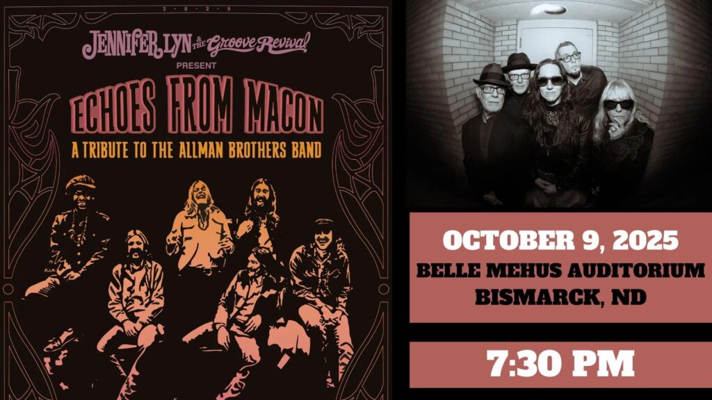 Echoes from Macon poster featuring tribute to the Allman Brothers Band at Belle Mehus Auditorium, October 9, 2025.